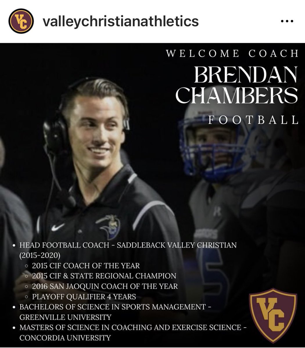 chriscfore's tweet photo. New head football coach alert. I've known Brendan since he was a sophomore QB in about 2002. Great athlete, great coach, great person. Son of a Head Coach. Congratulations @Bchambers7. @ocvarsityguy https://t.co/MONtWeCMpQ