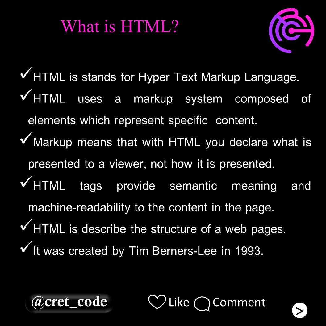 cret_code's tweet image. Introduction to HTML
Save it
Follow Us @cret_code
tags-
#html #html5 #htmlcss #htmlcoding #htmlcode #html_css #html_css_javascript_php_sql #programmer #programerslife #coding #codingmemes #codingfun #codingbootcamp #codinglife #codingforbeginners #codingforkids #codingforweb