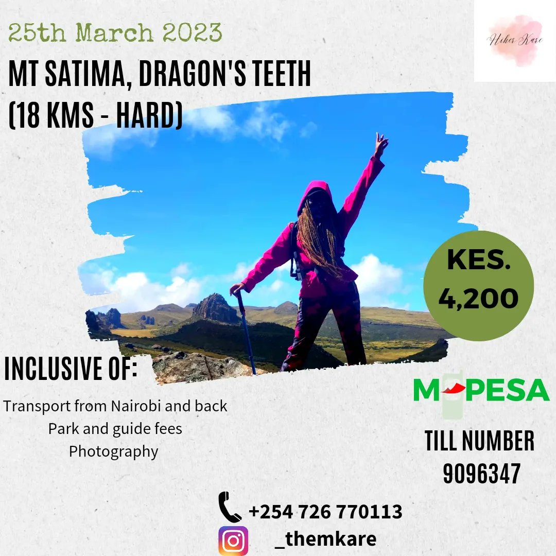 themkare's tweet photo. Reach us via DM or on +254726770113 for more information.
#wandaregate #mtsatima #dragonsteeth #upcominghikes #monatrails #travelwiththemkare https://t.co/nRJvSrSM7E