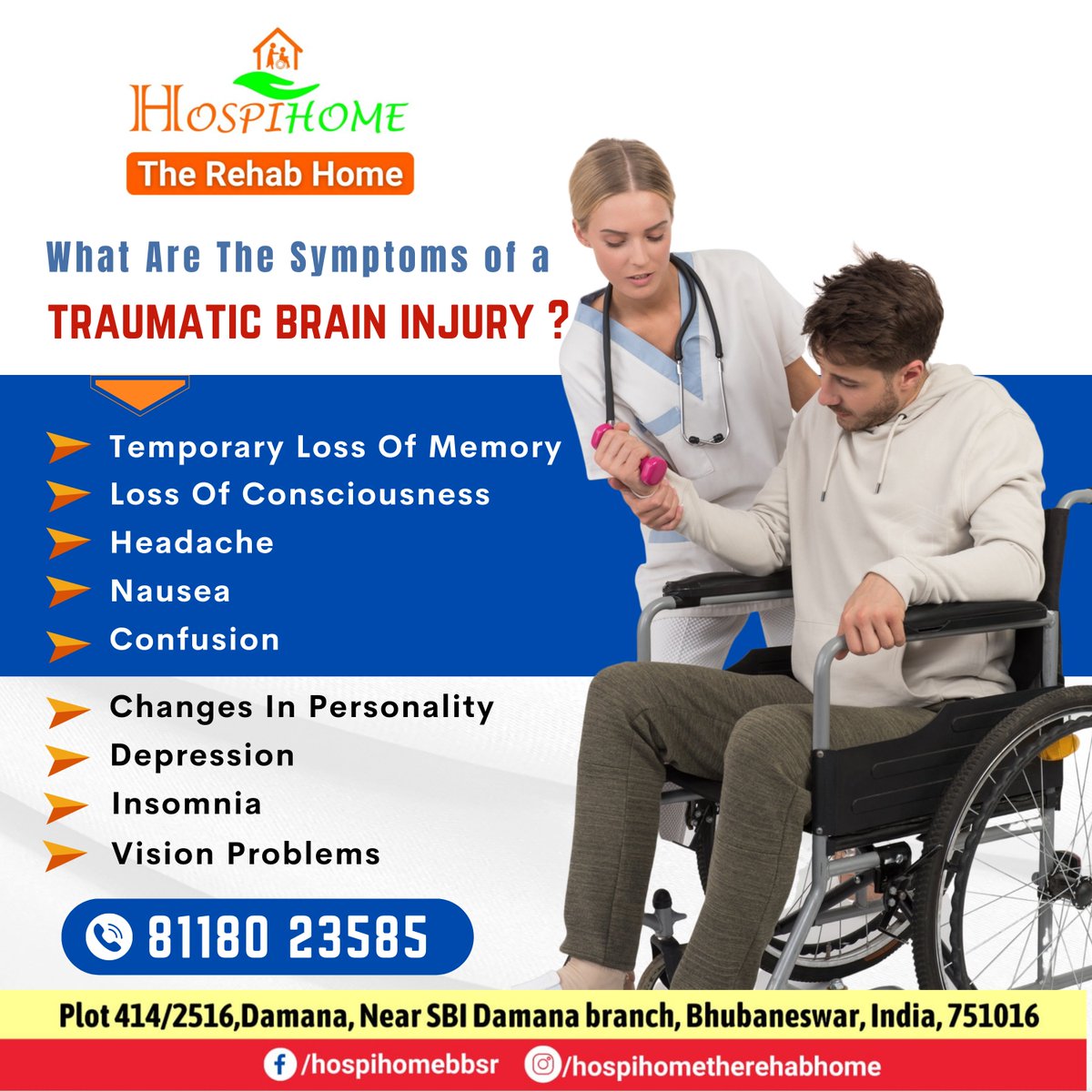 Traumatic brain injury symptoms
Visit us on hospihomes.com for rehab care of traumatic brain injury patient
#traumaticbraininjury #braininjury #rehabilitation #rehabcare #patientcare #recovery #wemakeitpossible #specialcare #therapy #Bhubaneswar #Odisha