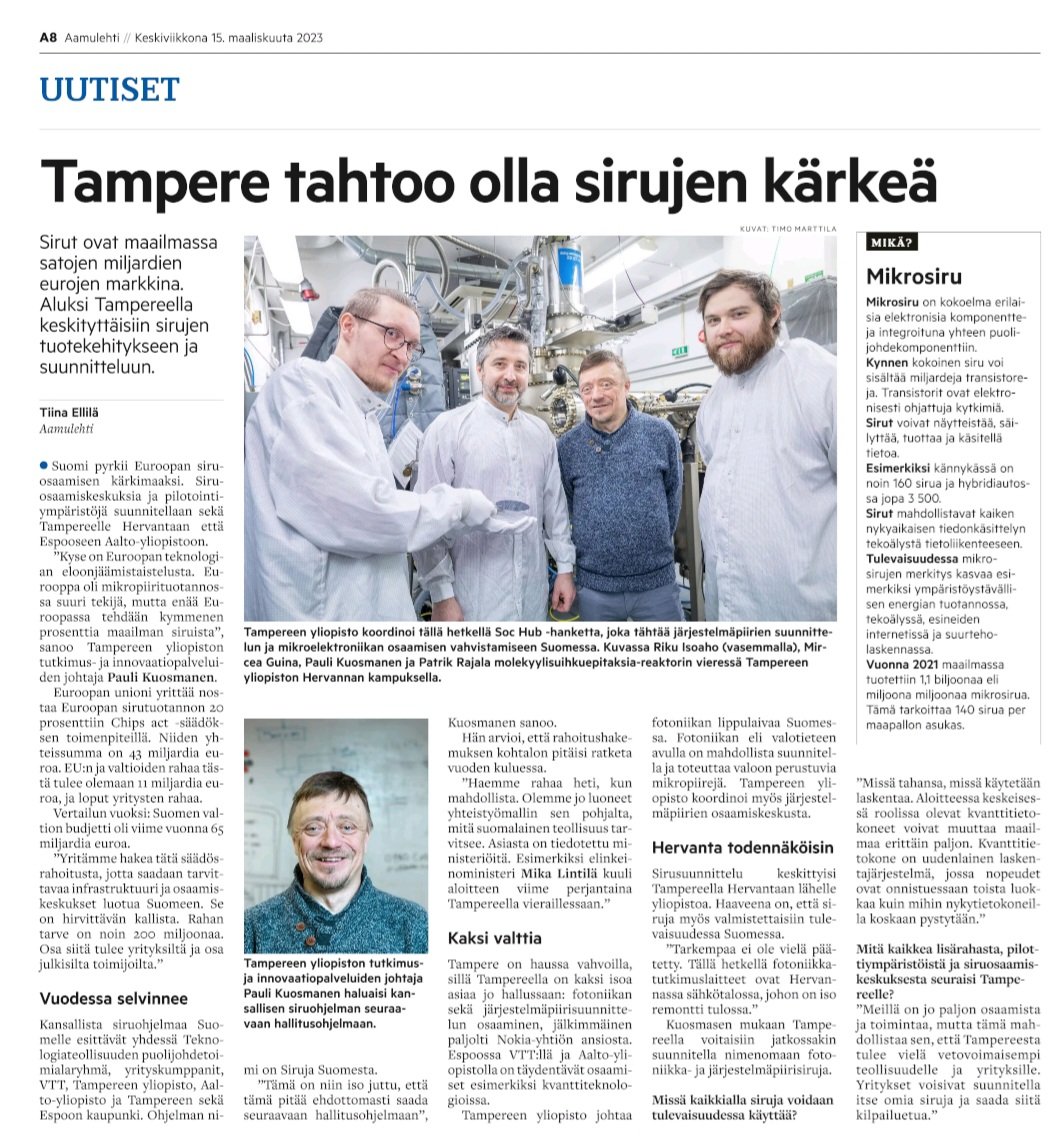 PREIN Flagship mentioned in Aamulehti on 15 March in relation to EU's new funding instrument Chips Act. Do read! (In Finnish).
@tampereuni @vttfinland @aaltouniversity @uniuef #photonics <a href="/PhotonicsFin/">Photonics Finland</a>