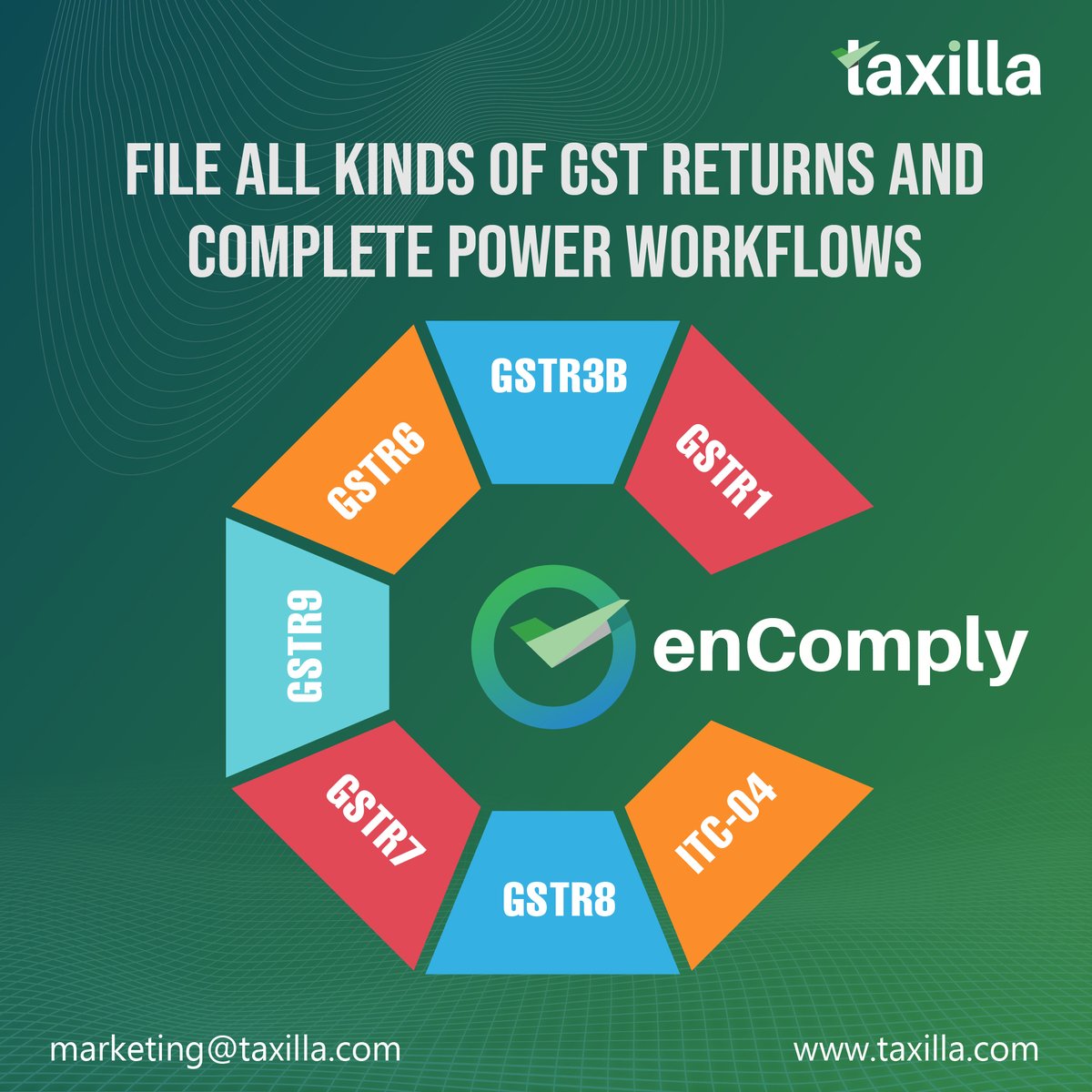 Manage all your GST returns and workflows seamlessly with Taxilla's enComply.

For more info - bit.ly/42hwfPB

#taxilla #encomply #gstreturns #gst #gstfiling #grc #fintech #regtech #goodsandservicestax #compliance #gstcompliance