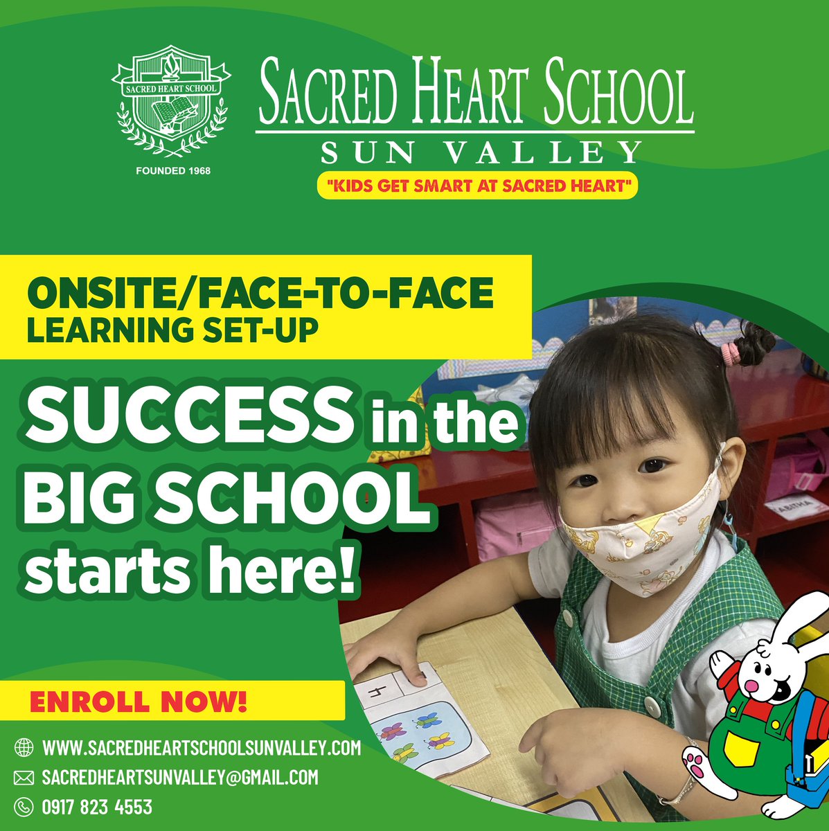 shssunvalley's tweet image. Give them the best possible start to your child&apos;s education with our onsite/face-to-face learning set up. 📝

Enroll now and set them up for success in the big school, without the frustrations of remote learning.
Reach us at 📞0917-823-4553

#onsitelearning #facetofacelearning