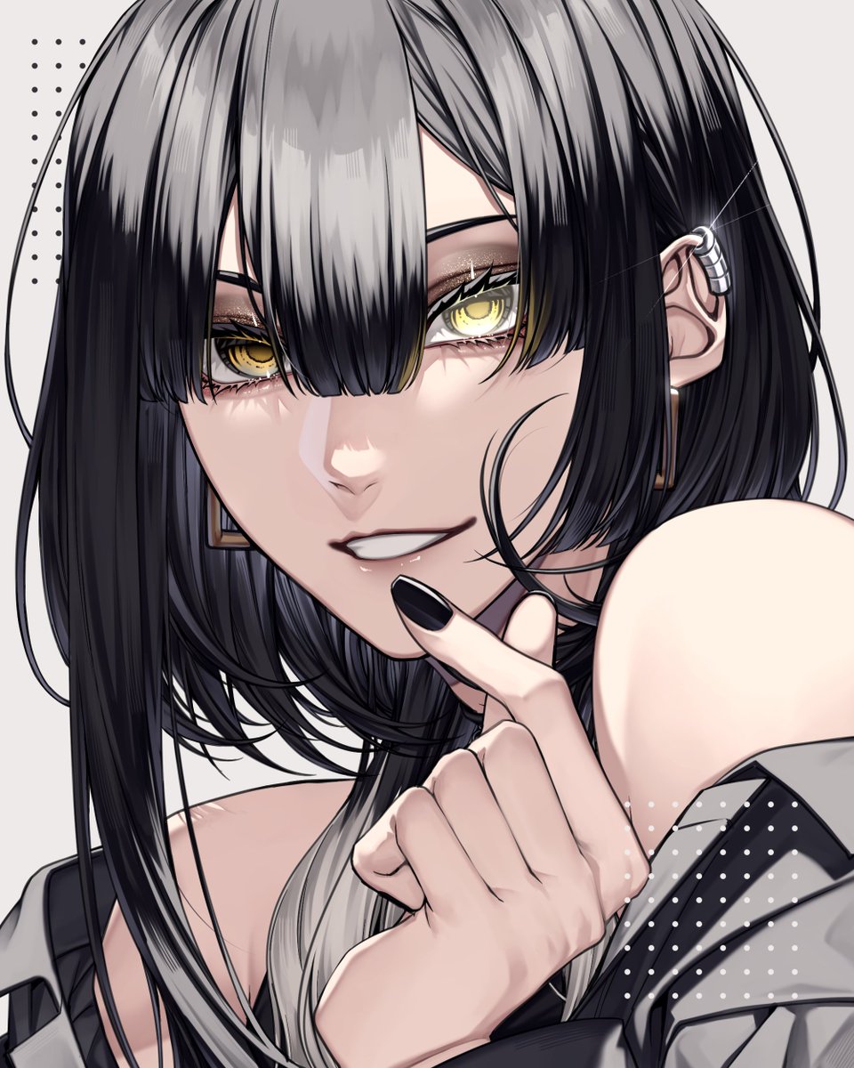 1girl solo black nails yellow eyes black hair jewelry earrings  illustration images