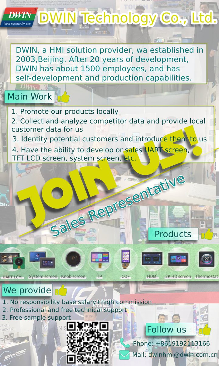 Dwin_display's tweet image. As long as you are willing, we provide you with free samples, 24-hour after-sales service, and a high salary for you to develop your business.
If you are interested to be our sales representative, please contact us at dwinhmi@dwin.com.cn
#DWIN #salesrepresentative #TFTLCD