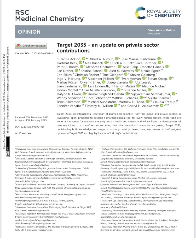 Almost in time for the 20 years anniversary of @thesgconline: Target 2035 - an editorial about private sector contributions to the quest to drug every protein in the human genome. pubs.rsc.org/en/content/art… #OpenScience @rsc_medchem @target2035 @thesgcfrankfurt