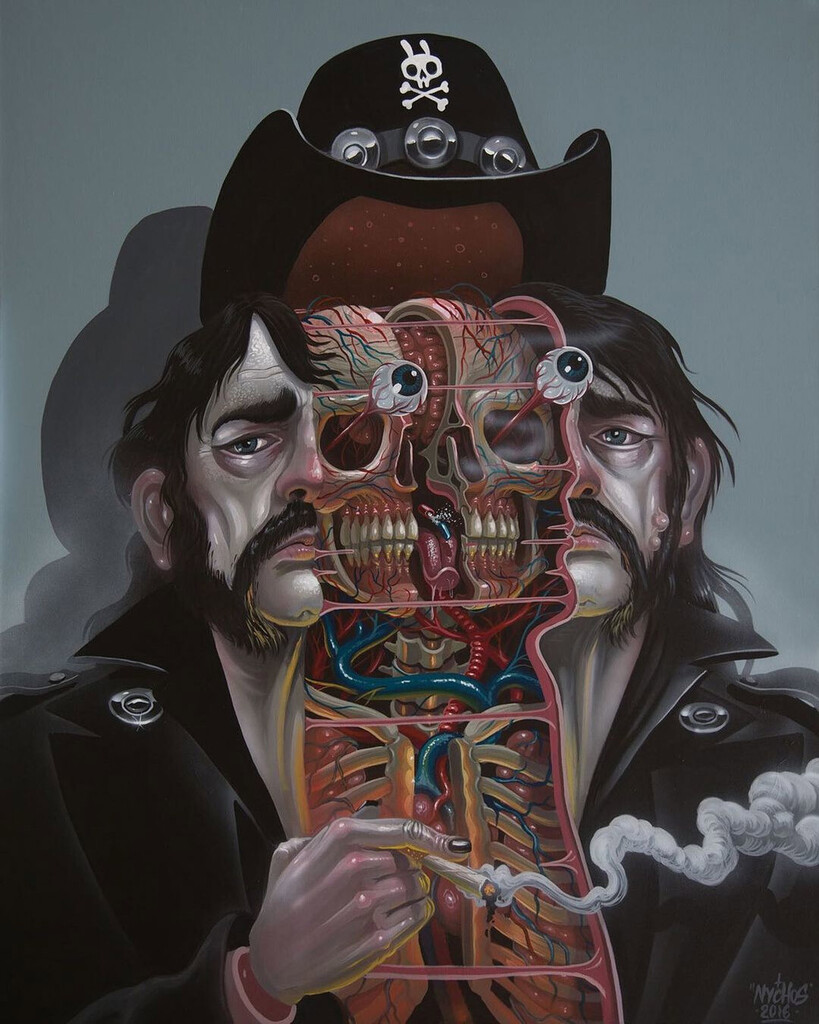 'Lemmy' by Nychos (@nychos) 

#nychos #lemmy #motorhead #heavymetalfans #surrealportrait #skulllovers #skeletonart #popsurrealism #surrealpaintng #popsurreal #surrealismo #popculture instagr.am/p/Cp4KTSNIkyX/