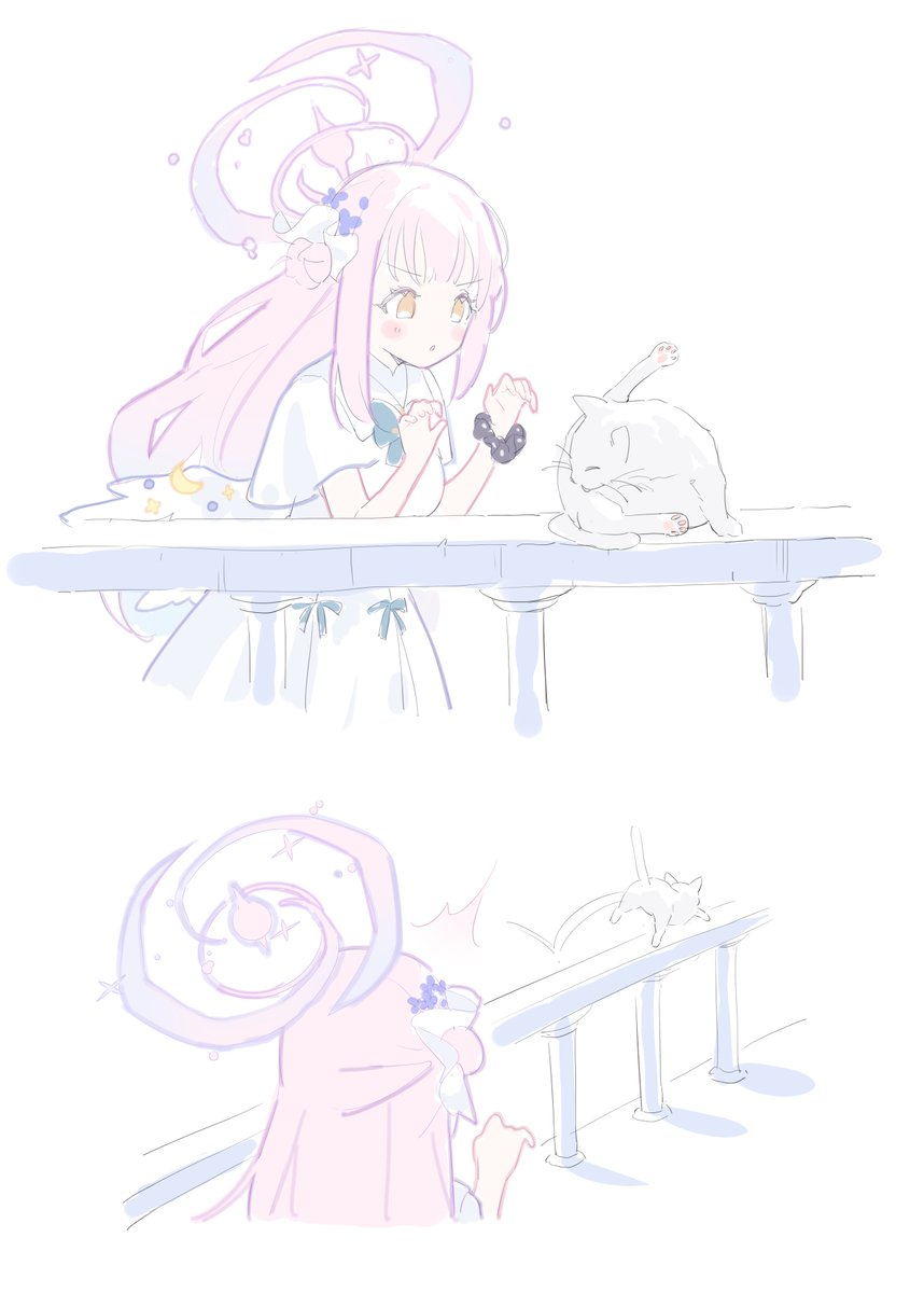 mika (blue archive) pink hair halo hair ornament hair bun closed eyes white background scrunchie  illustration images