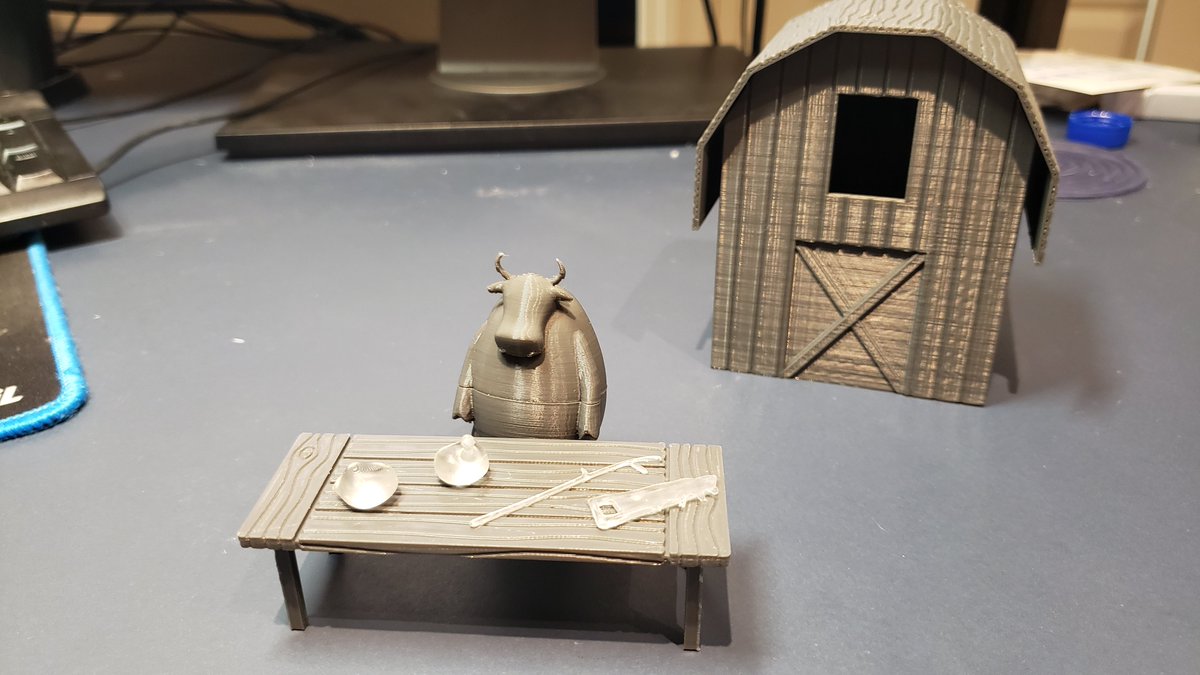 Gary Larson blessed us with "Cow Tools," <a href="/everydaylouie/">Louie Zong (on bluesky now)</a> made 3d models of the cow and cow tools, now here's a table and a barn that can store the cow and cow tools. It's the Cow Tools Action Playset! printables.com/model/425628-c…