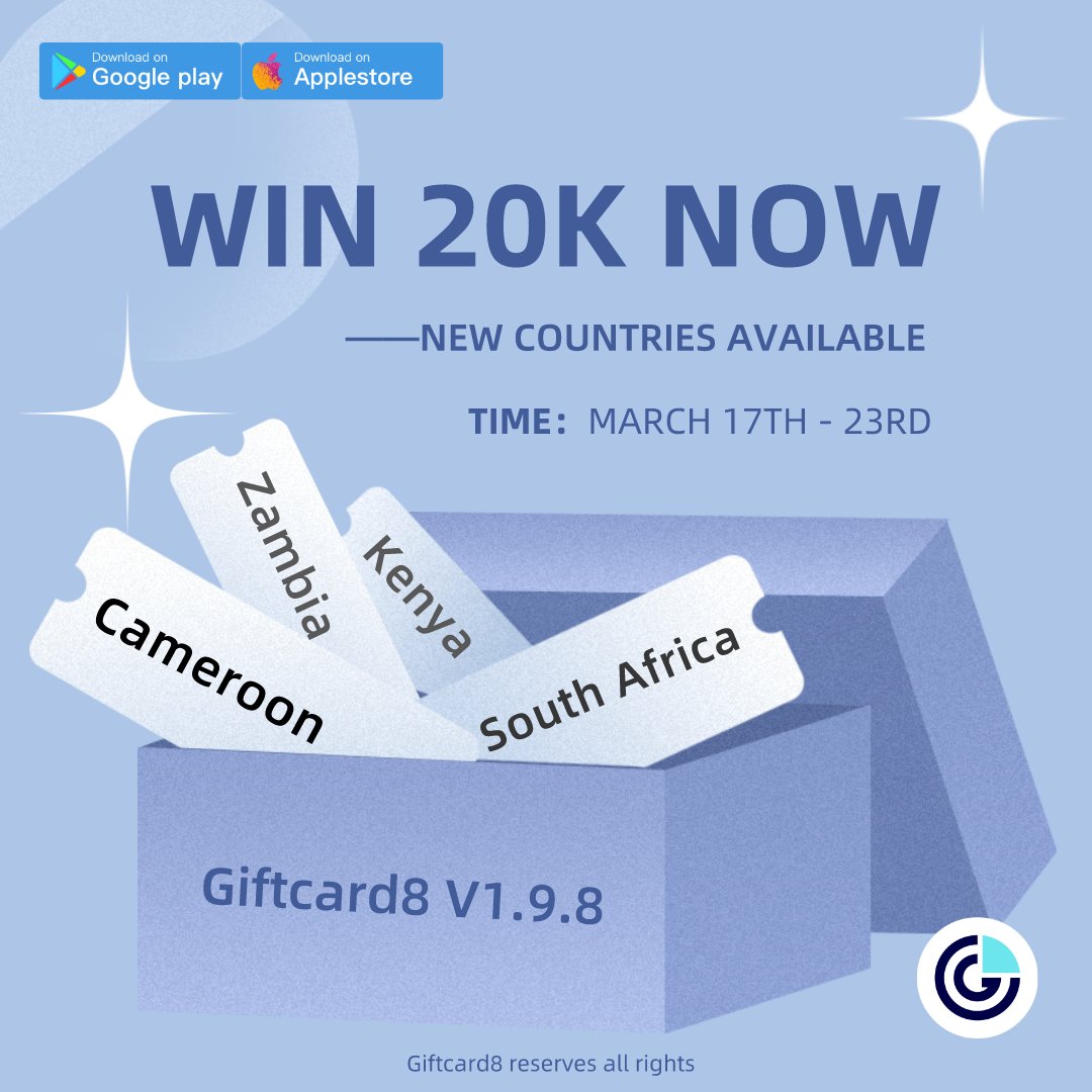 Giftcard_8's tweet photo. Morning! #Cameroon, #Kenya, #SouthAfrica & #Zambia available on Giftcard8 nowπ₯³
Go WIN 20K by following us, liking, and retweeting this post with hashtag #giftcard8newcountries π°
End on 23 Marchπ
Tips: Only the 3 people whose retweet get the most likes can get the reward. https://t.co/Xqrm19hJ7X