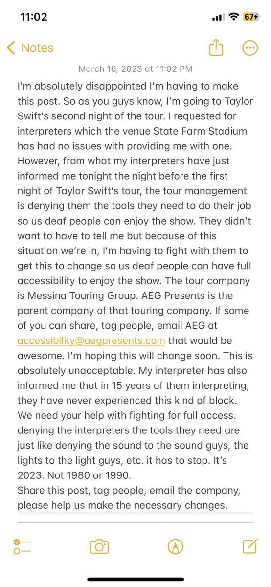 Wow. <a href="/aegpresents/">AEG Presents</a> @MessinaTouring absolutely appalled y’all would do this. 
<a href="/taylorswift13/">Taylor Swift</a> is absolutely in the dark with what’s going on and this is absolutely unacceptable. Y’all are literally breaking ADA Laws.