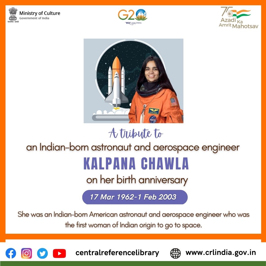Kalpana Chawla was an Indian-born American astronaut and aerospace engineer who was the first woman of Indian origin to go to space. 
#MeenakshiLekhi 
#KishanReddy 
#MinistryOfCulture 
#AzadiKaAmritMahotsav