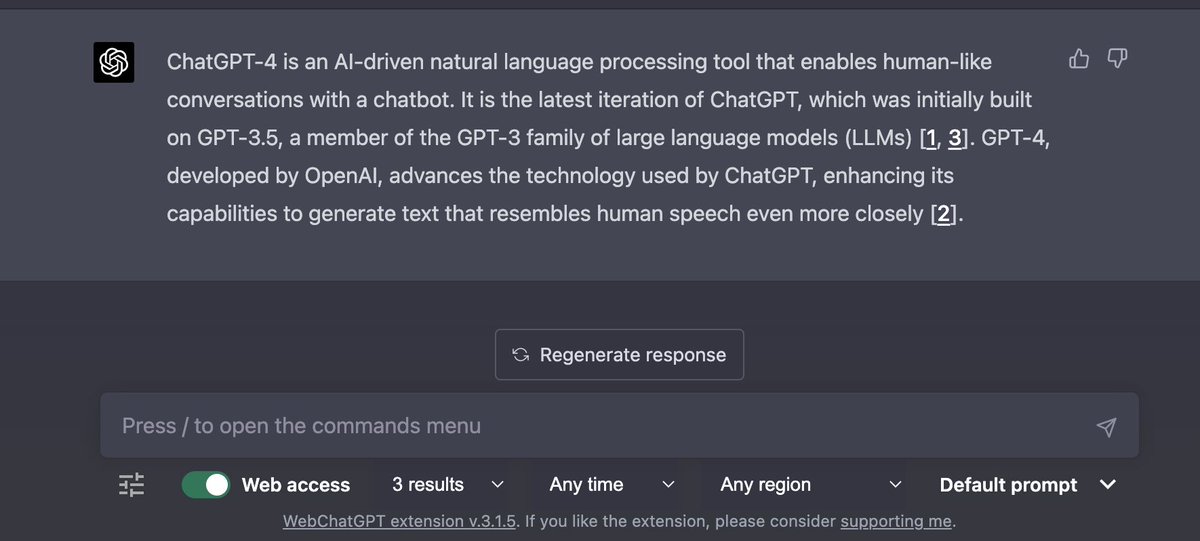 mathiaskarlsson's tweet photo. ➡️ChatGPT-4 with internet access!💥

This plugin supercharge your ChatGPT!

This free extension adds relevant web results to your prompts to ChatGPT for more accurate and up-to-date conversations.

https://t.co/Nhy4k1cGAg

✅Get web results for your queries
✅Extract webpage text from any url
✅Add and use prompt templates
✅Use ddg bangs to get search results form thousands of websites