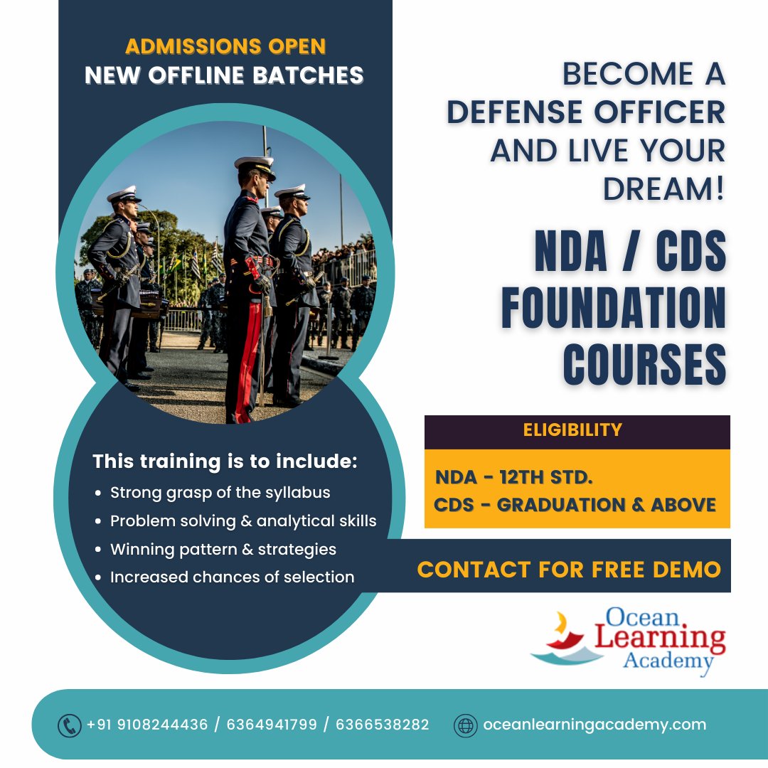Achieve your dream of becoming a military officer! 
Are you ready to take the first step towards your dream career? Look no further than Ocean Learning Academy for NDA / CDS coaching classes! 
#oceanlearningacademy #combineddefenseservices #nationaldefenseacademy