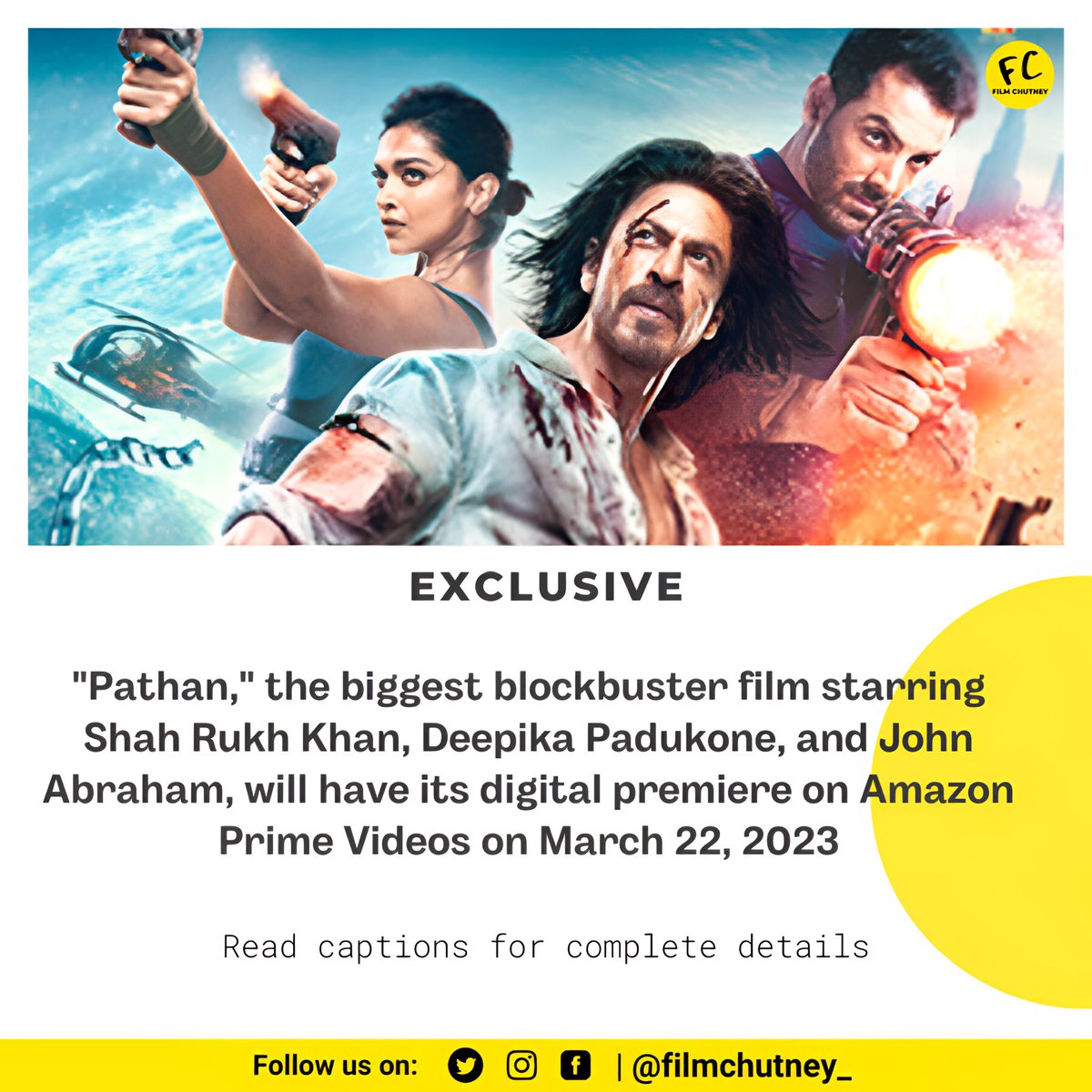 EXCLUSIVE:
After complete 50 days of its release #Pathan is going to stream on #AmaoznPrimeVideos from March 22, 2023

#PathanOnAmazonPrime | #PathanOnPrime @PrimeVideo