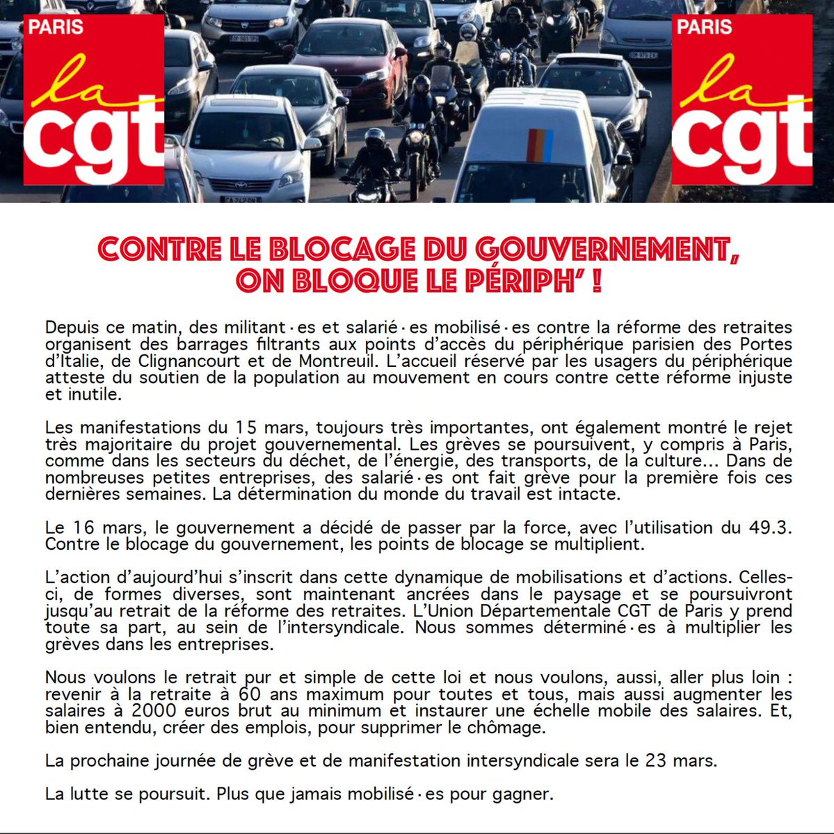 UdCgtParis's tweet photo. #presse #retraites Contre le blocage du gouvernement, on bloque le periph’ ! https://t.co/aTUYD8nctK