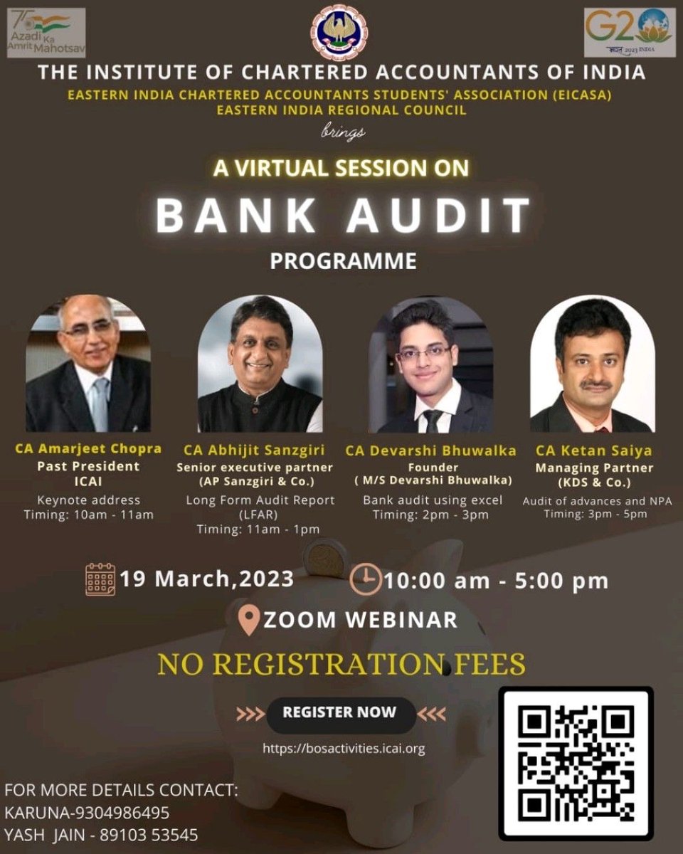 devarshica's tweet image. EICASA (EIRC-ICAI) is organising a virtual session on Bank audit. Join us on 19th March, 2023 where we will be sharing some valuable insights!! 😇

#Webinar #EICASA #EIRC #icai #Excel #bankaudit  #audit #bank #DBC