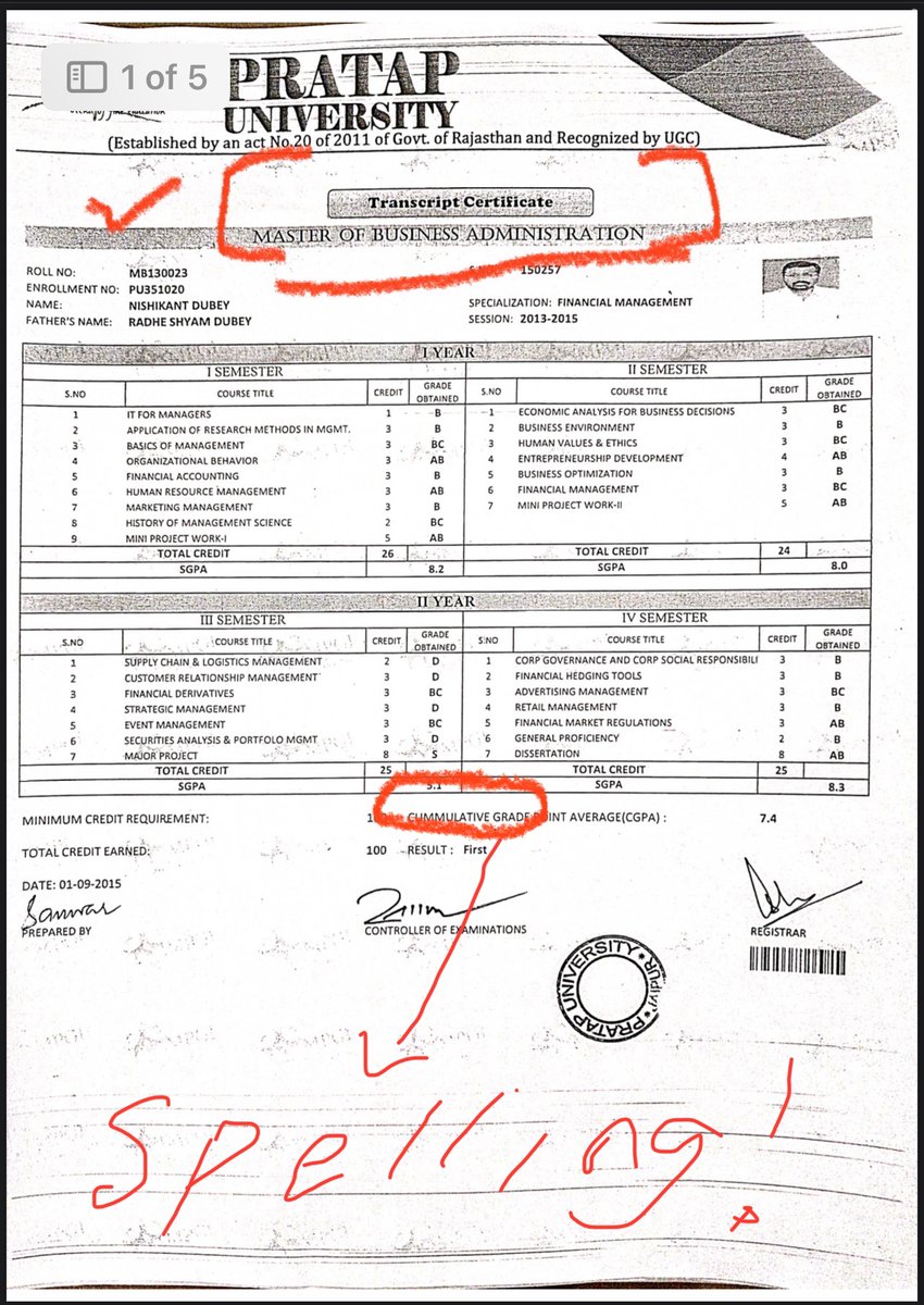 MahuaMoitra's tweet photo. Am very keen to see Hon’ble Member’s attendance record at Pratap Uni for full time MBA 2013-15 given he was full time MP then &amp; match with LS attendance &amp; constituency visits. Btw Pratap Uni MBA transcript has spelt “cumulative” incorrectly so don’t know how genuine it is :-) https://t.co/u1HoRPAjoZ