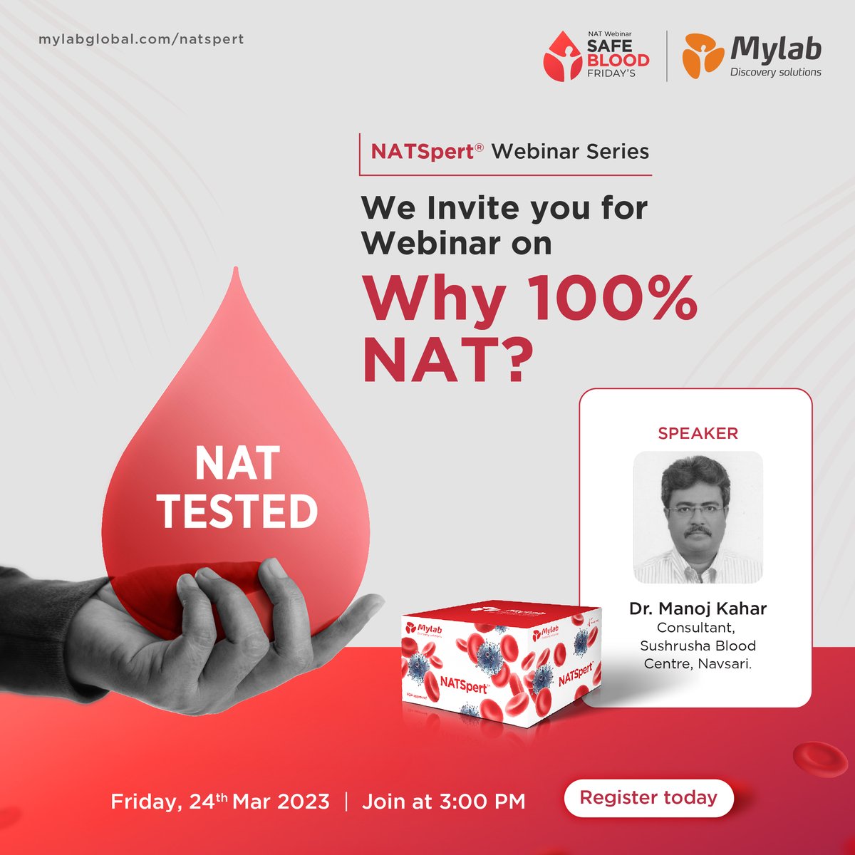 MylabSolutions's tweet photo. We invite you to join us for NAT Webinar in the series - Safe Blood Friday’s.

Title: Why 100% NAT

NAT Webinar Details:
Date: Friday, 24th March 2023
Time: 3 PM

Click here to Register: https://t.co/ZKQOAqe2Ad

#Webinar #NATWebinar https://t.co/nBuWknKhYq