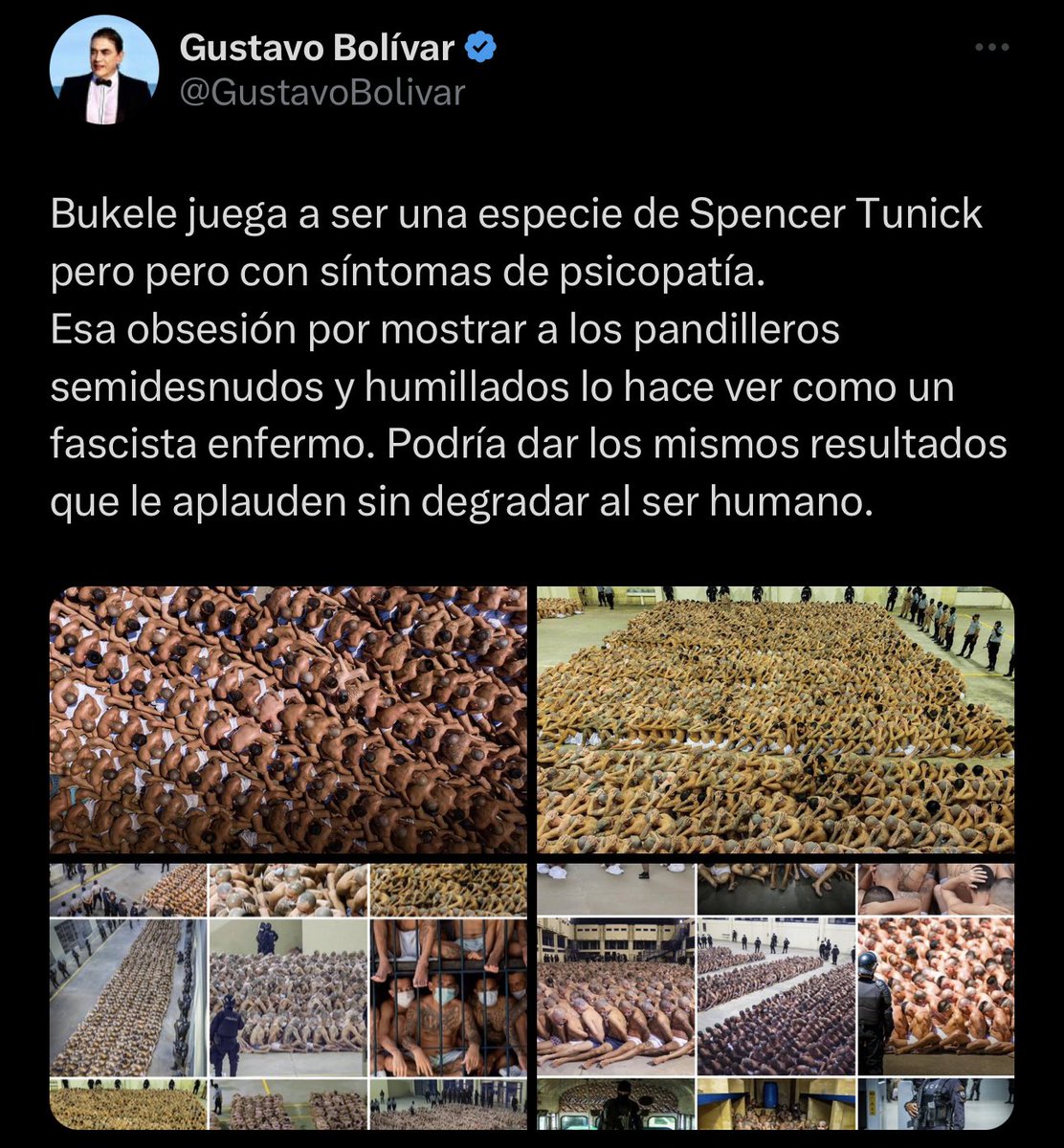 PorQueTendenCol's tweet photo. “Bobolivar”

Porque Gustavo Bolívar se refirió en el siguiente tweet al presidente del Salvador Bukele como “Fascista enfermo” por mostrar a pandilleros semidesnudos. https://t.co/YrYCgCY8ds