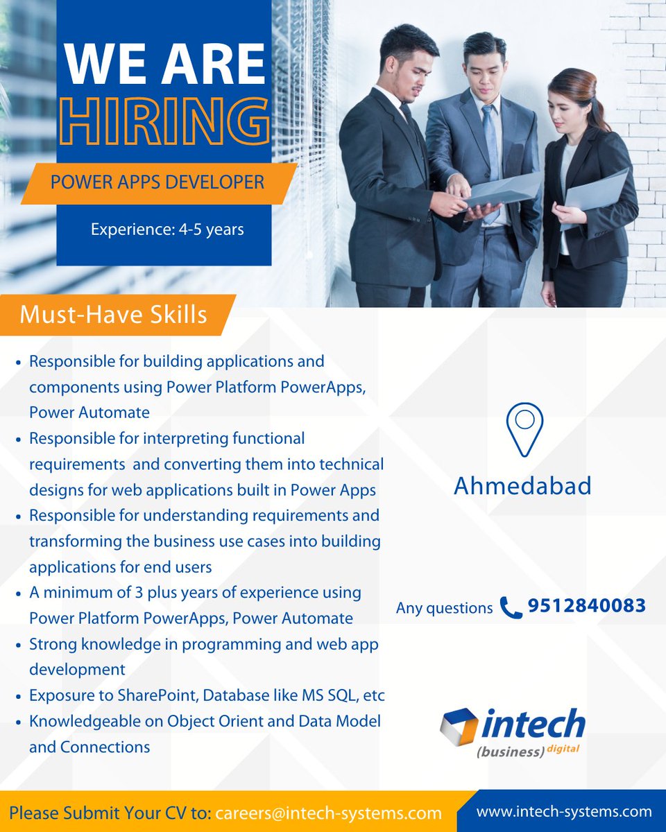 IntechSystems's tweet image. Unleash your Power with #Intech! We're seeking a talented #PowerAppsDeveloper to join our innovative team. Build custom business solutions that shape the future of work. Join us and become a part of the Intech family! Apply now. #Hiring #HiringNow #JobOpening #AhmedabadJobs