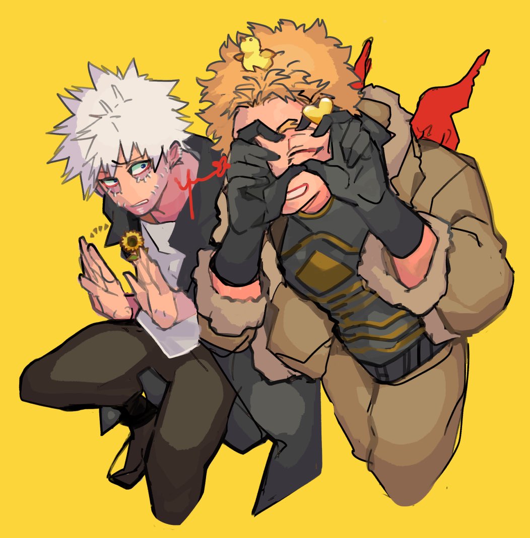 hawks (boku no hero academia) multiple boys 2boys male focus burn scar scar blonde hair gloves  illustration images