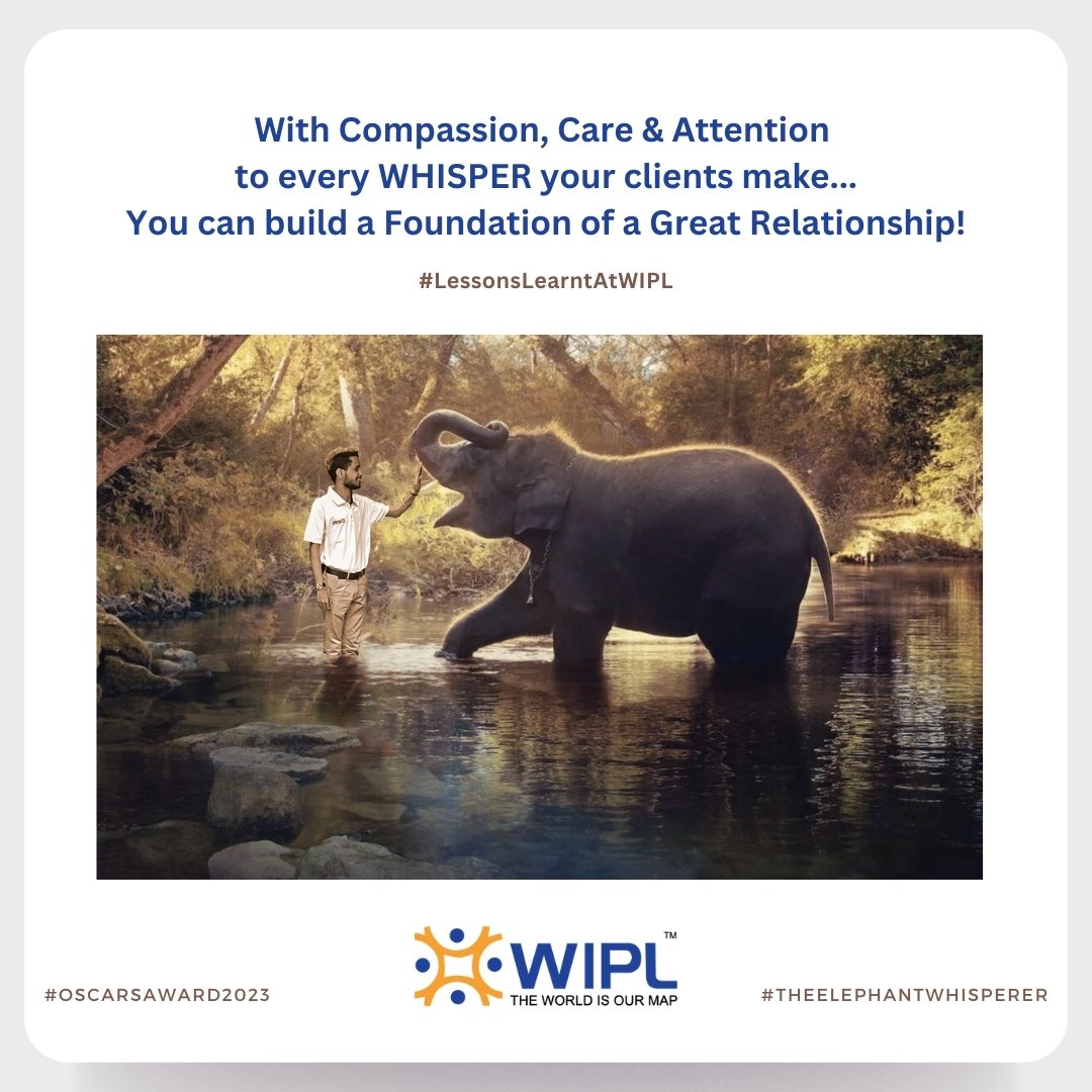 At #WIPL, we understand that #customers are the lifeblood of our #organization and their satisfaction is paramount.
Every #whisper you make counts, and assists in the improvement us  process.

#WIPLON #lifelessonslearnedatWIPL #theelephantwhisperers #ManagedCloudServices #Oscar