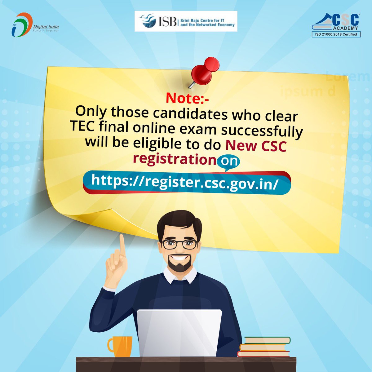 CscParivar's tweet photo. Attn CSC aspirants! Candidates who clear TEC final exam will only be eligible to do new CSC registration. For registration, please visit https://t.co/f3cOl27gqu . #RuralEmpowerment #business #inclusion #empowerment #DigitalTransformation #entrepreneur #atmanirbhar #G2C https://t.co/k25A4ZPSfZ