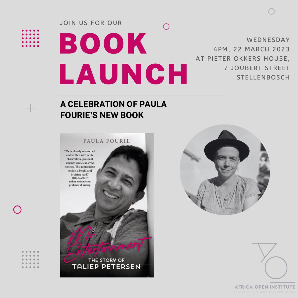 We invite you to this conversation at Okkers House, 7 Joubert Street. The event will run for about 2 hrs from 16:00. Afterwards, there will be a small reception. Books will be offered for sale, and the author will sign copies. Space is limited, so please RSVP at smuller@sun.ac.za