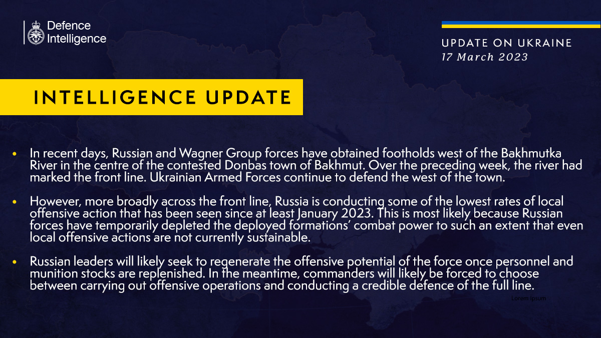 DefenceHQ's tweet photo. Latest Defence Intelligence update on the situation in Ukraine - 17 March 2023.

Find out more about Defence Intelligence's use of language: https://t.co/y5daPr1dkT

🇺🇦 #StandWithUkraine 🇺🇦 https://t.co/IEAW3R5oPq