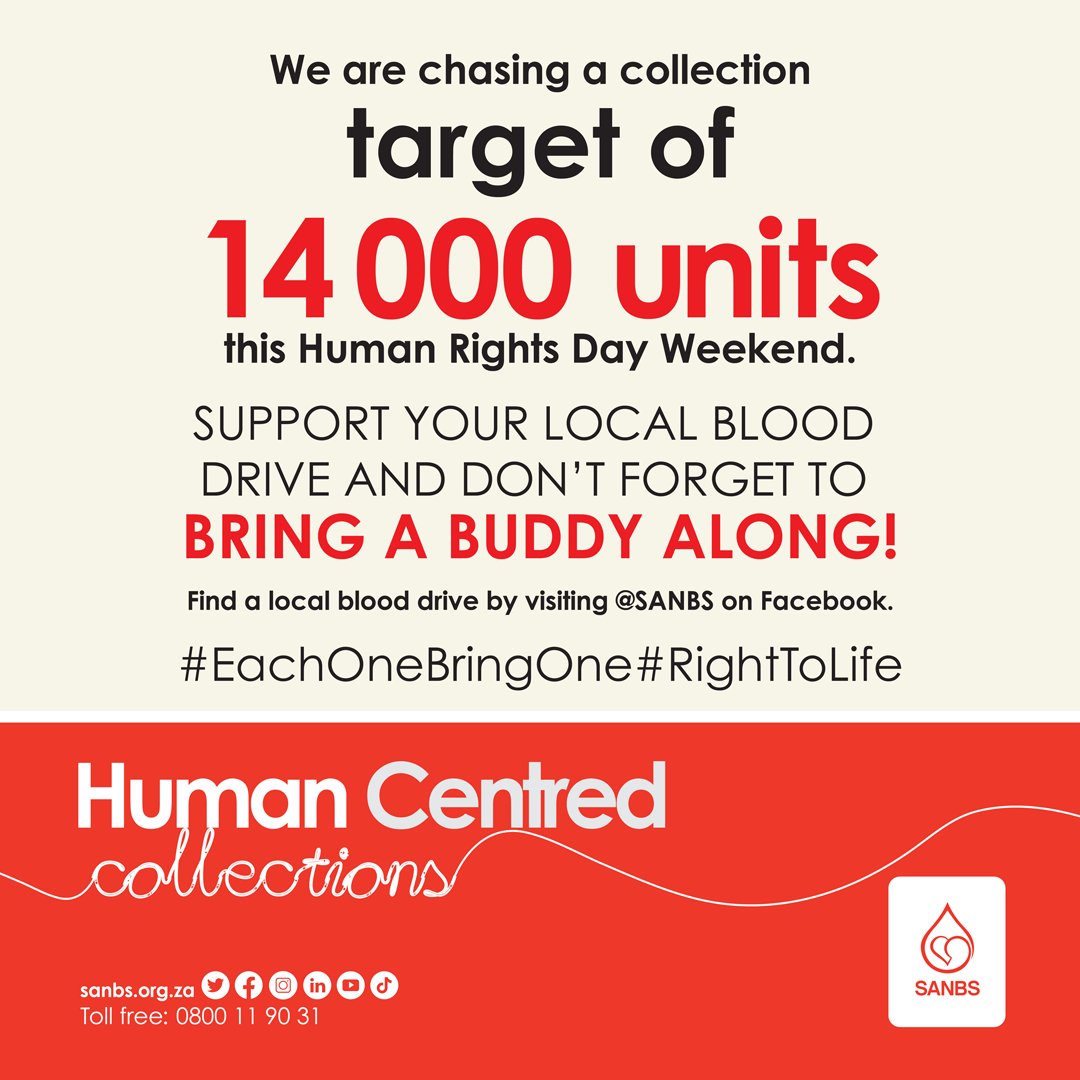 theSANBS's tweet image. Help us collect 14 000 units of blood this Human Rights Day weekend. #EachOneBringOne #humanrights