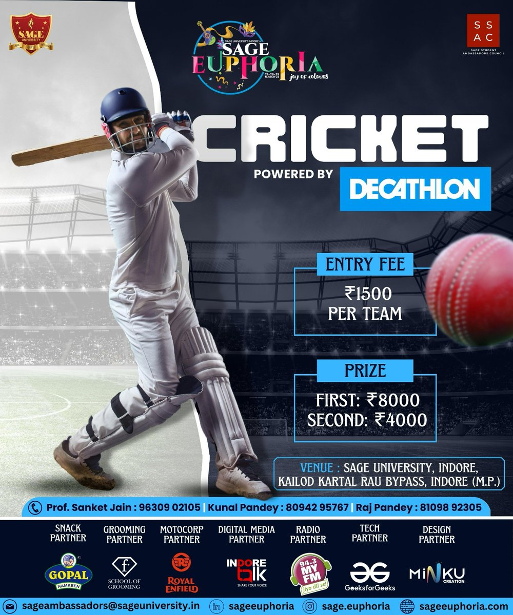 SAGE_INDORE's tweet photo. Make your bat your weapon and win exciting prizes at SAGE Euphoria.
___
#SAGEUniversity #SAGEGroup #Zaeden #DJPerch #AnnualCollegeFest #AnnualFest #SAGEEUPHORIA #SAGEIndore #Decathlon #Cricket https://t.co/uieoMUUz9L