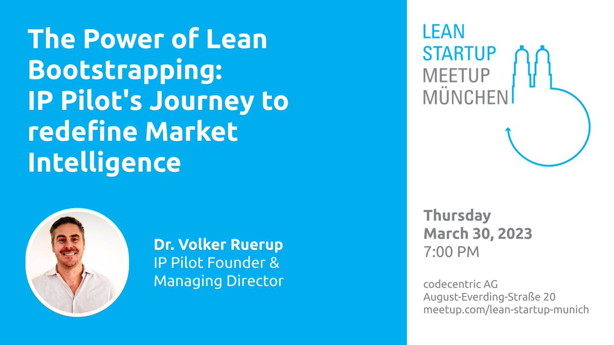 RalfWestbrock's tweet photo. #leanmunich is finally coming back this month 🙌
IP Pilot founder Dr. Volker Ruerup is going to share the fails and successes in his lean startup journey distilling a premium paid value proposition from public data.
Join to attend in Munich here
https://t.co/j6aQ82gRPL https://t.co/SGgB1xxQyM