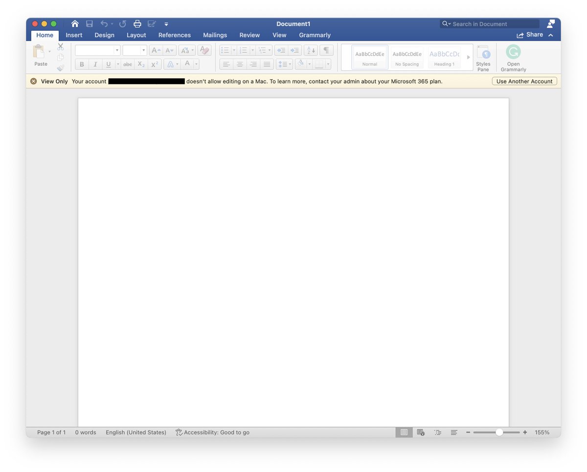 Pjotter's tweet photo. Lovely how Word lets me create a new document but then notifies me that I have a read-only account. 🤦🏼‍♂️ https://t.co/UDePZtQgzx