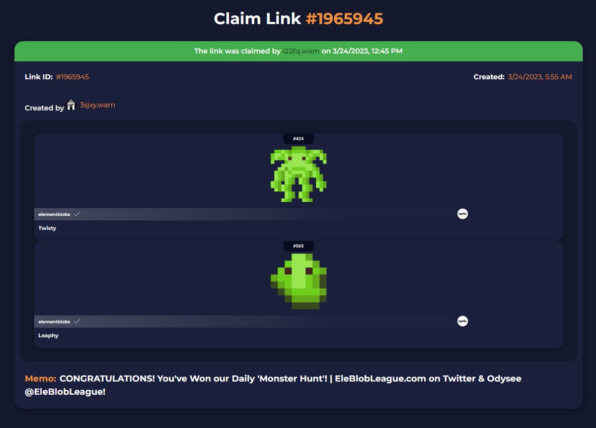 EleblobLeague's tweet image. 🥳CONGRATULATIONS TO TODAYS &apos;MONSTER HUNT&apos; LOOT BOX&apos; WINNER!  🎁===👀

Good Luck to Everyone Next Time.... 👍

😃MAKE SURE YOU&apos;RE NOT MISSING OUT ON THE HUNT &amp;amp; DOWNLOAD IMMERSYS TODAY!

🏟 immersys.io/game-download/

#EleBlob
#Immersys
#EleBlobNFT
#EleBlobLeague