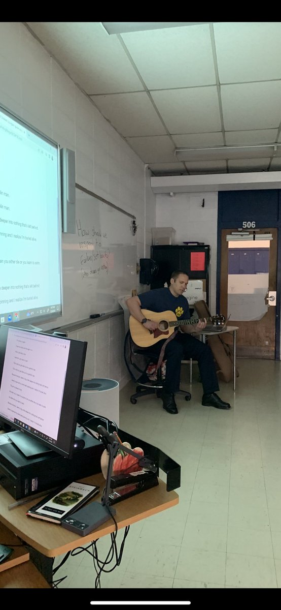 Lucky to have such a wonderful co-teacher. Mr. Piccoli played the guitar AND sang for our class today. The song evoked ideas about feeling lost and overwhelmed in the face of failed dreams. Great way to wrap up our reading of Of Mice and Men! #peqpantherpride #pthsnation