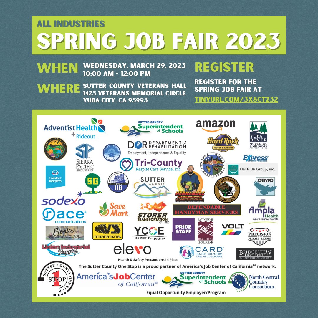 JOIN US: Spring Job Fair 2023

Colusa County will be at the Spring Job Fair in Yuba City on Wednesday, March 29th.  Stop by to say hello and learn about our current job opportunities!

Register: tinyurl.com/3x8ctz32

#ColusaCounty #JobFair #GetAJob #Recruitment #cacounties