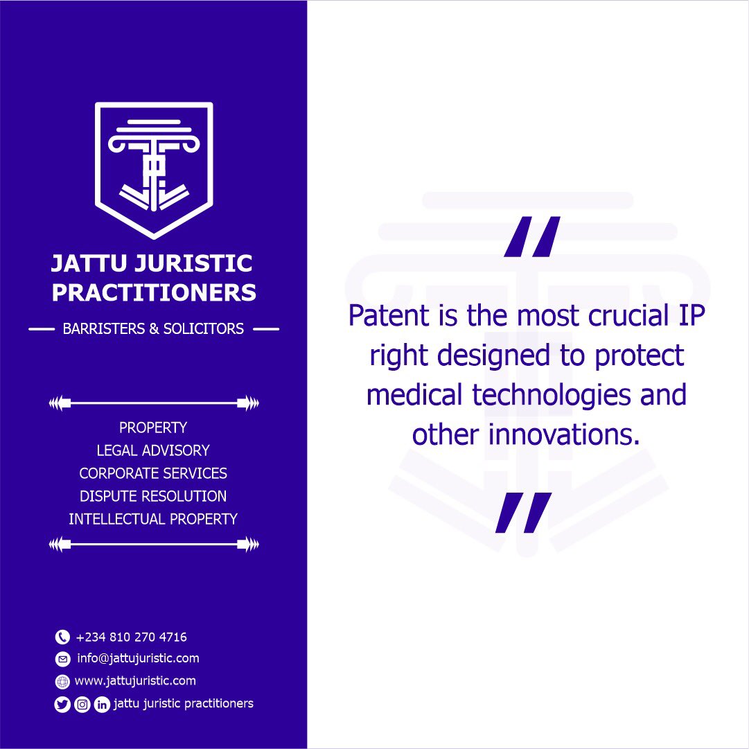 Jattu_Juristic's tweet photo. Patent is the most crucial IP right designed to protect medical technologies and other innovations.

#intellectualproperty #patents #technology  #innovation #startups #iplawyers #ipattorney #medicalinnovation https://t.co/drACBQyvdd