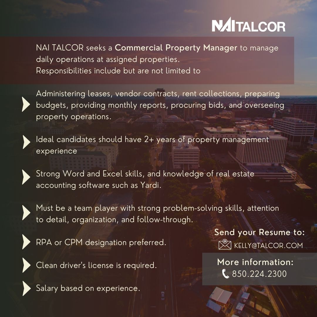 NAI_TALCOR's tweet image. Join our team today! 

To apply, send your resume to  📧Kelly@TALCOR.com
For more info, contact our office ☎️850.224.2300

#NAITALCOR #CommercialPropertyManager #Hiring