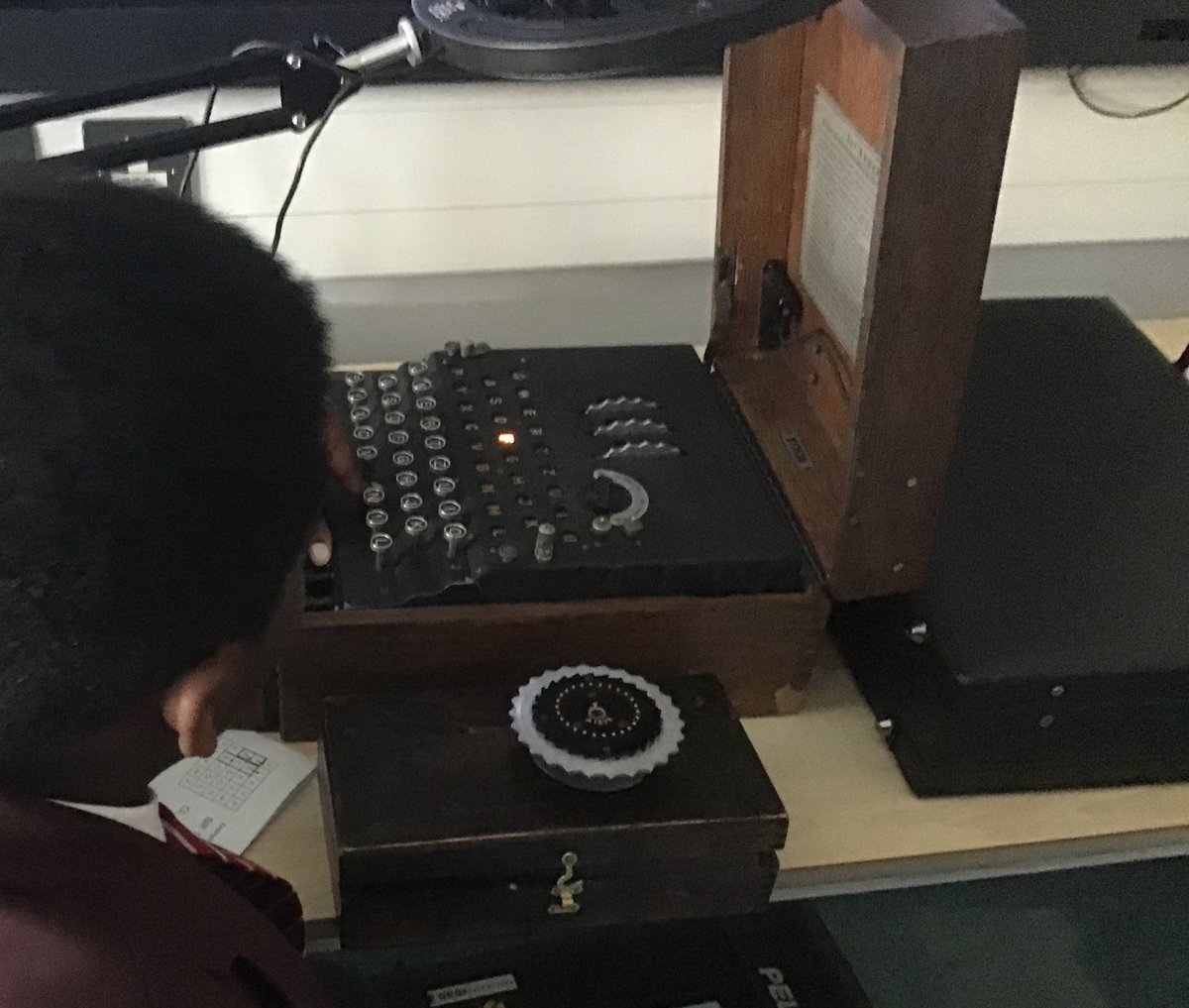 KHPcomputing's tweet image. In our cryptology club today we had the amazing opportunity to use a real Enigma machine from @bletchleypark.