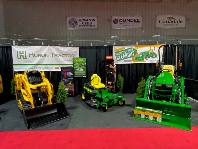 HuronTractorLtd's tweet photo. All set up for the St. Thomas Home Show today 5pm-9pm, Sat 10am-8pm &amp; Sun 11am-5pm at the Joe Thornton Community Centre. We’ve brought the spring colours with our John Deere grass-green &amp; sunshine-yellow equipment. Be sure to stop by for some spring savings! #stthomashomeshow https://t.co/0fQ0QyzvAI