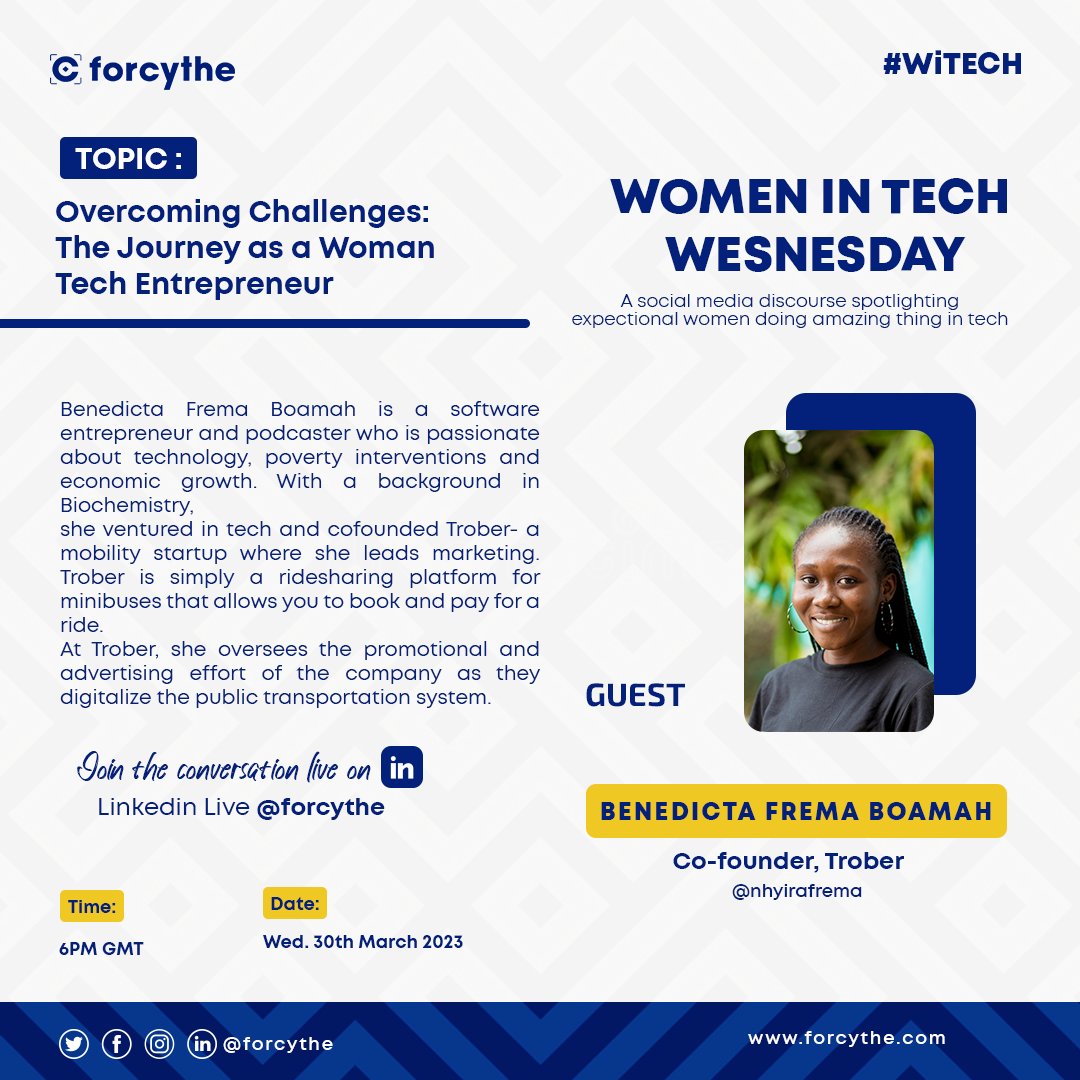 forcythe_'s tweet photo. Breaking Barriers, Building Empires: Join Benedicta Frema Boamah for a transformative discussion on the challenges faced by women in tech entrepreneurship and the innovative solutions that are driving progress and changing the game
#WiTECH #forcythe #womenintech #entrepreneurship https://t.co/CYth1c241w