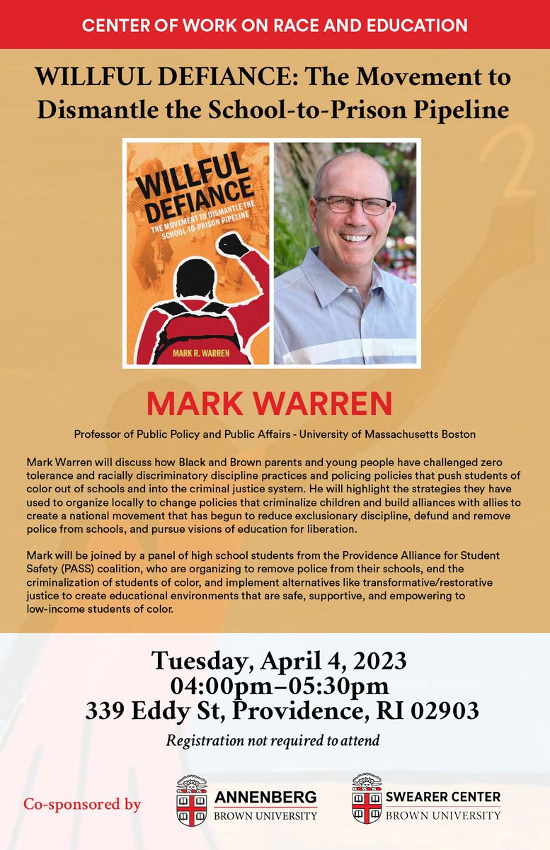 Annenberg Institute at Brown (@annenberginst) on Twitter photo Join us on 4/4 to hear <a href="/mark_r_warren/">Mark R Warren</a> on his book:
Willful Defiance: The Movement to Dismantle the School-to-Prison Pipeline
Joined by Providence Alliance for Student Safety (PASS) linktr.ee/PASSPvd
Co-sponsored by <a href="/SwearerCenter/">The Swearer Center</a>
annenberg.brown.edu/index.php/even… Join us on 4/4 to hear <a href="/mark_r_warren/">Mark R Warren</a> on his book:
Willful Defiance: The Movement to Dismantle the School-to-Prison Pipeline
Joined by Providence Alliance for Student Safety (PASS) linktr.ee/PASSPvd
Co-sponsored by <a href="/SwearerCenter/">The Swearer Center</a>
annenberg.brown.edu/index.php/even…