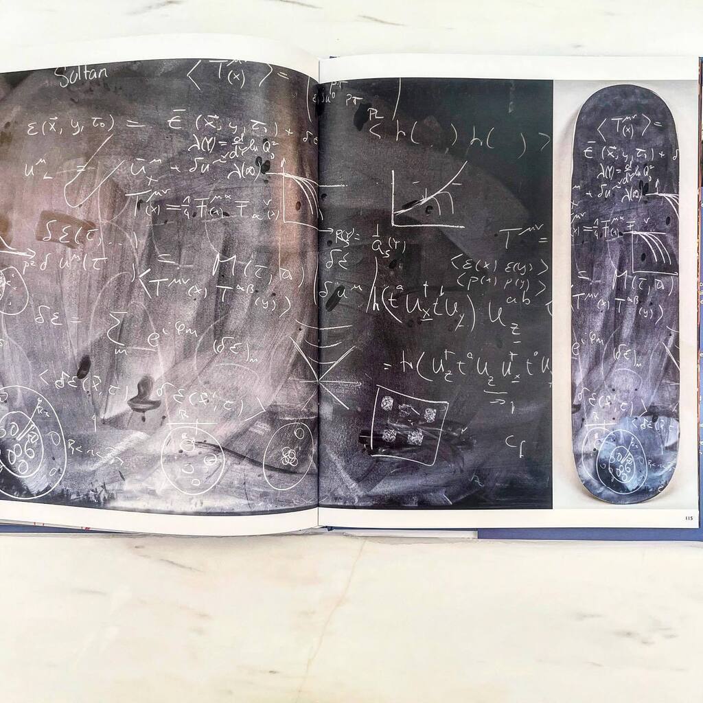 Higher Mathematics in Surfing the Cosmos @geditions forward #neildegrassetyson preface #arthurimiller essay @stevemillerdotcom #skatedeck #chalkboard @cern #largehadroncollider #highenergyphysics #artistbook #bibliophile #healthoftheplanet #saudedoplaneta instagr.am/p/CqLUN61selx/