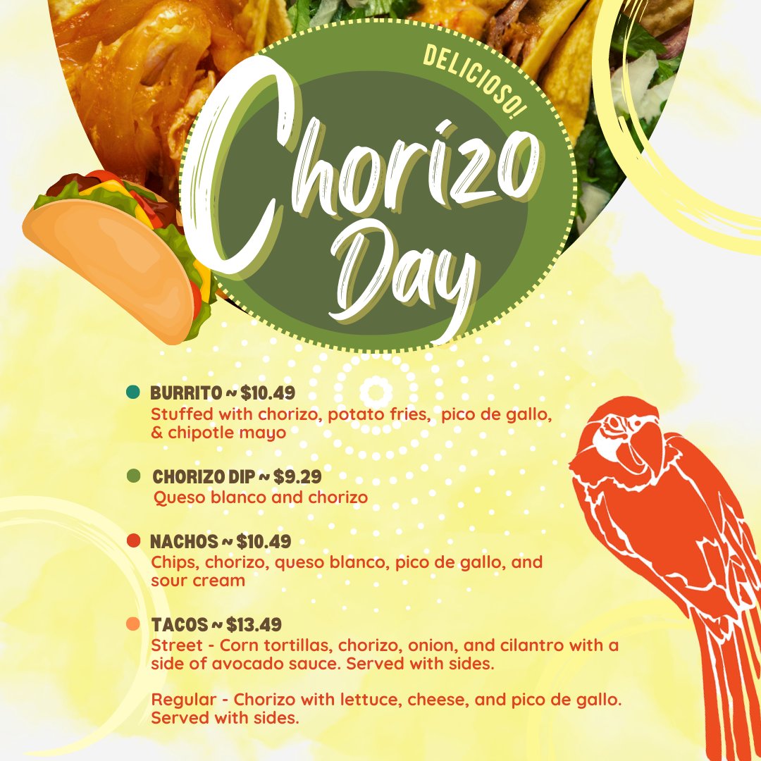 ElPicoSquare's tweet photo. Today is Chorizo Day! If chorizo is your favorite, then you definitely want to stop in today for all our different chorizo based specials! From tacos to nachos to dip, we've got plates full of deliciousness waiting here for you to make it the best Friday ever. https://t.co/SD1cYJCLZN
