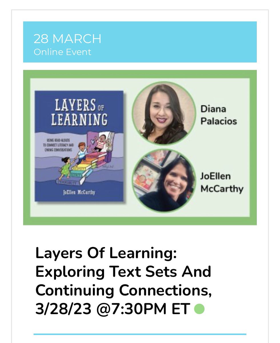 JoEllenMcCarthy's tweet photo. Tuesday 3/28 at 7:30 EST @bookelicious: @DianaPalacios48 and I will be exploring the power of read alouds and text sets for more #LayersOfLearning. You can check out all of the FREE 📘♥️ and #pdlove events happening here: https://t.co/HvrLal8KRQ. https://t.co/ShoOVgun4k