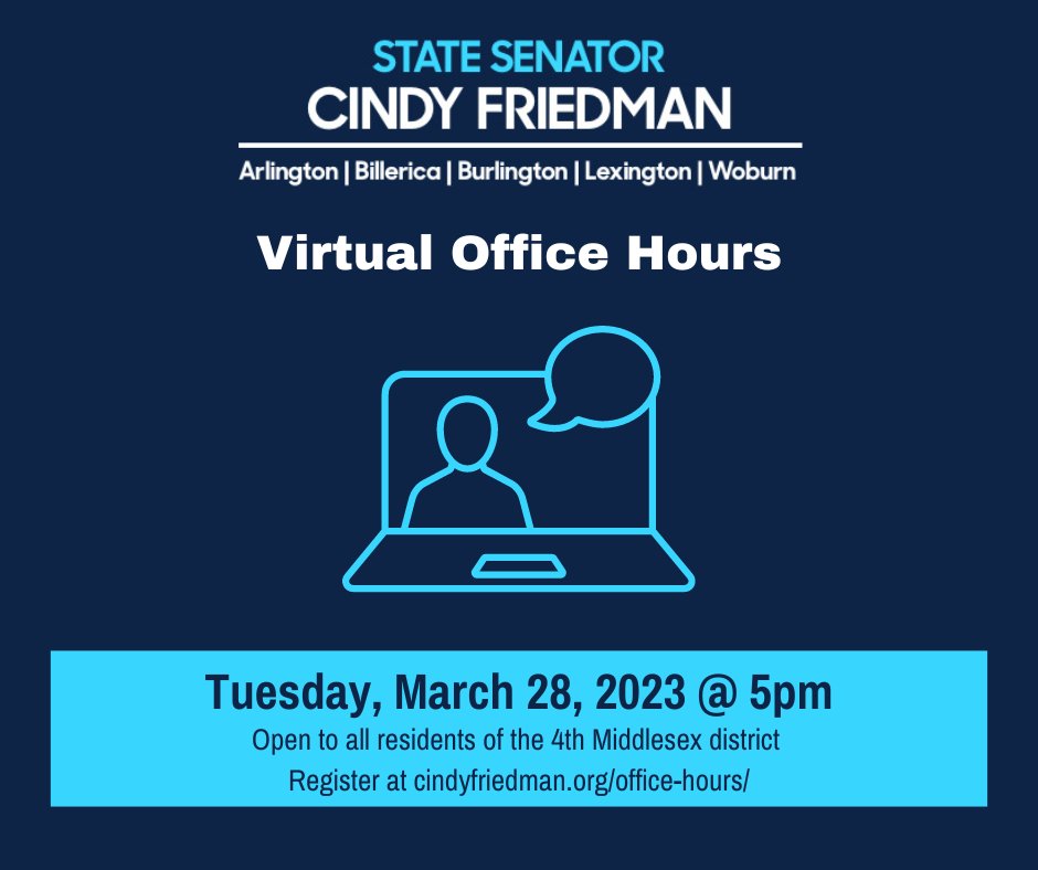 CindyFriedmanMA's tweet photo. My next set of virtual office hours will be held next Tuesday, March 28 at 5pm. Hope to see you there!

To register, visit: https://t.co/YPWxj70qss https://t.co/F1PNxF3NaO