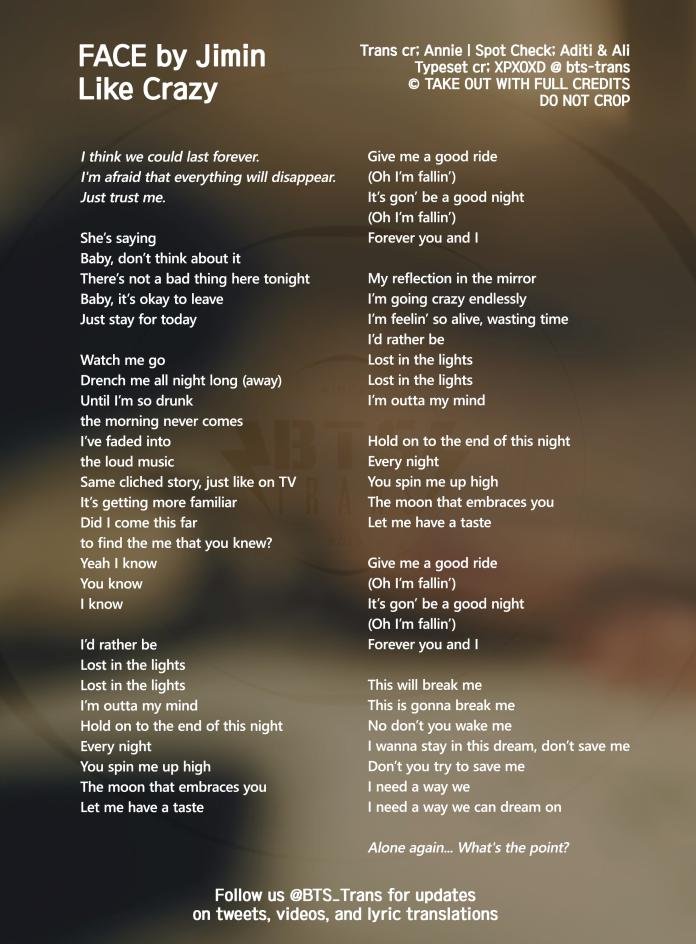 BTS Translations / Bangtansubs على X: [KOR/ENG LYRICS] Like Crazy