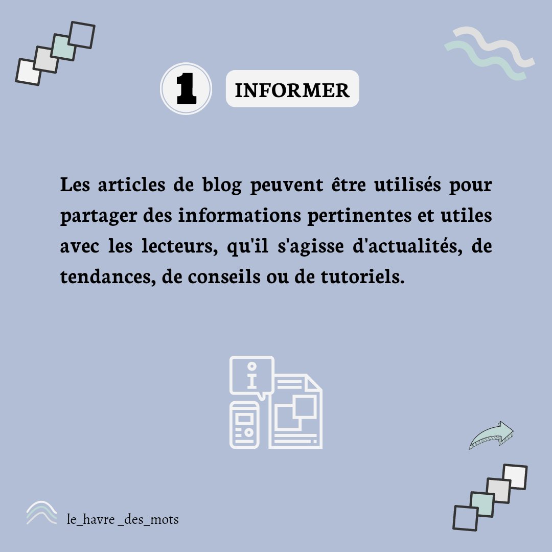 lehavredesmots's tweet image. Un article de blog peut également améliorer le référencement de votre site web et servir à promouvoir un produit ou un service afin d'attirer un public cible et l'inviter à l'achat.
#articleblog #articledeblog #contenusiteweb #marketingducontenu #contentmarketing #redacteur