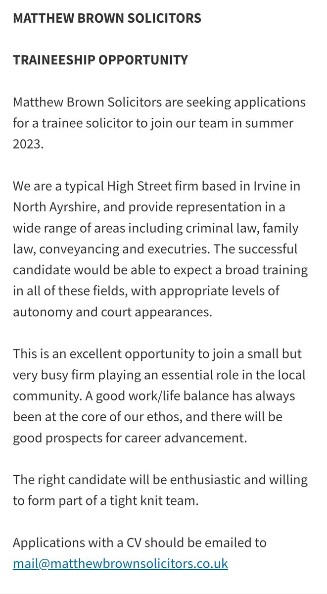 My firm is seeking applicants for a trainee solicitor to commence summer 2023. 
Come and work with me, I promise occasional exposure to law in between bouts of mucking about on Twitter!
#Traineeship